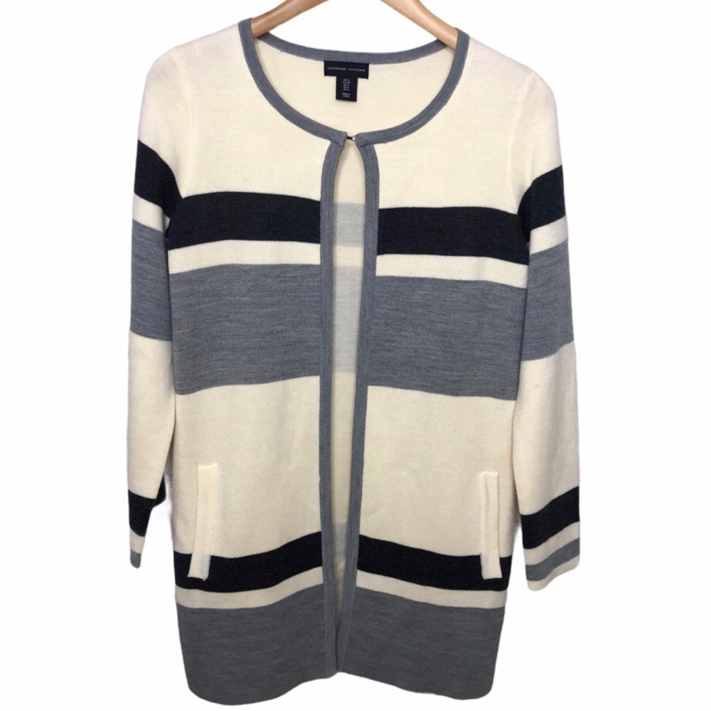 Adrienne Vittadini Open Front Striped Cardigan Size Small Gray Coatigan - Picture 2 of 9